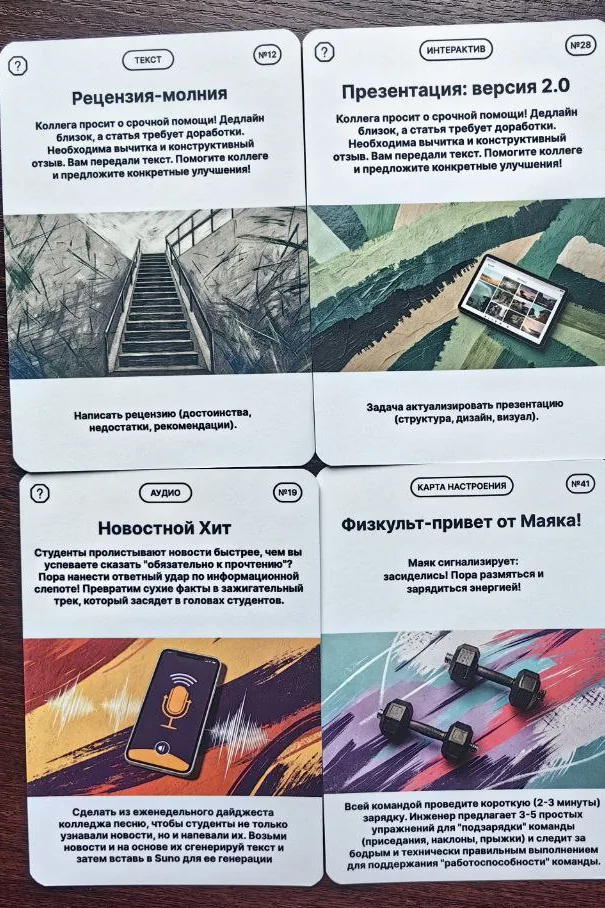 Четыре карточки заданий крупным планом: бейджи «Текст», «Интерактив», «Аудио», «Карта настроения», номера 12, 28, 19 и 41, у каждой карточки картинка и строка с требуемым результатом